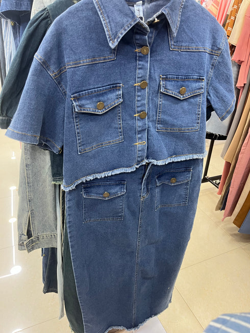 Denim Shorts Sleeves Back Slit Long Skirts